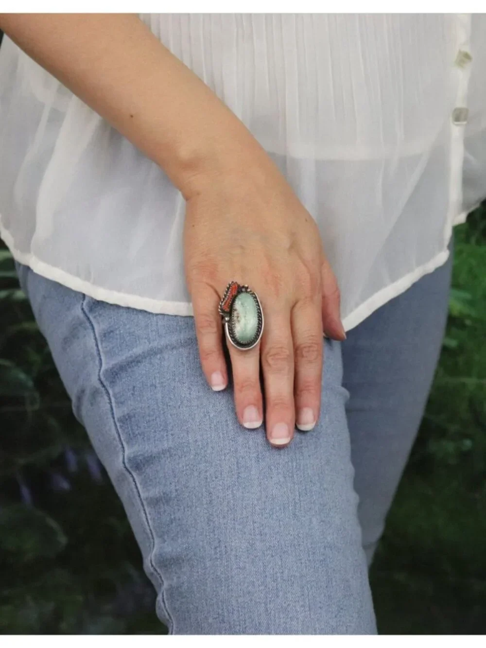 Sterling Silver Natural Turquoise & Coral Ring Size 7